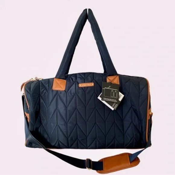 NWT Joan & David navy Blue / Camel 21" Chevron Quilted Nylon Roll Travel Duffle